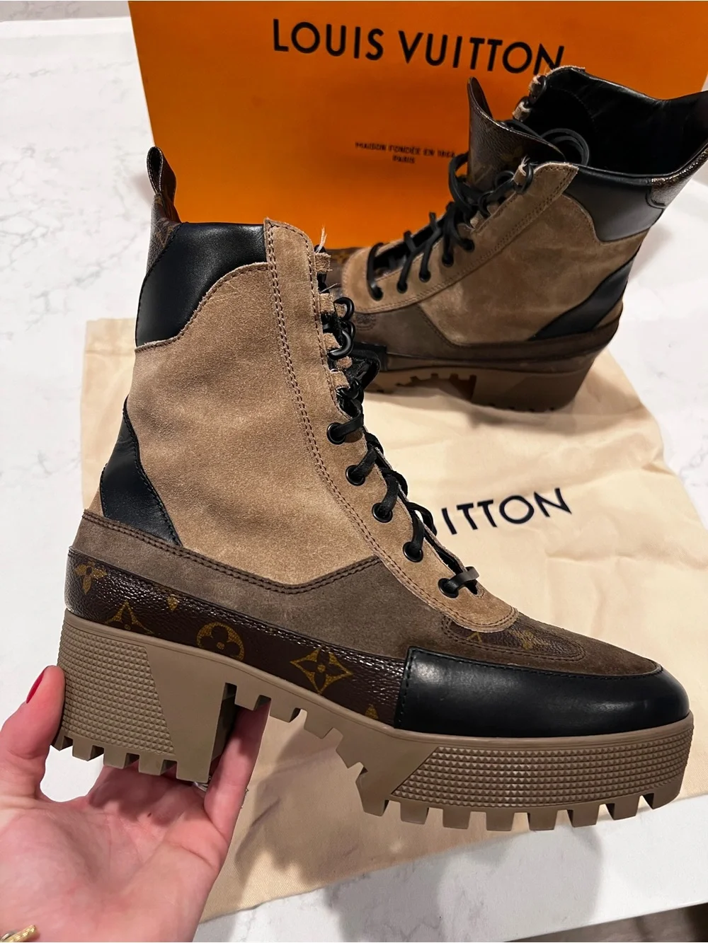 Louis Vuitton Brown and Black Suede Leather Lug Sole Boots